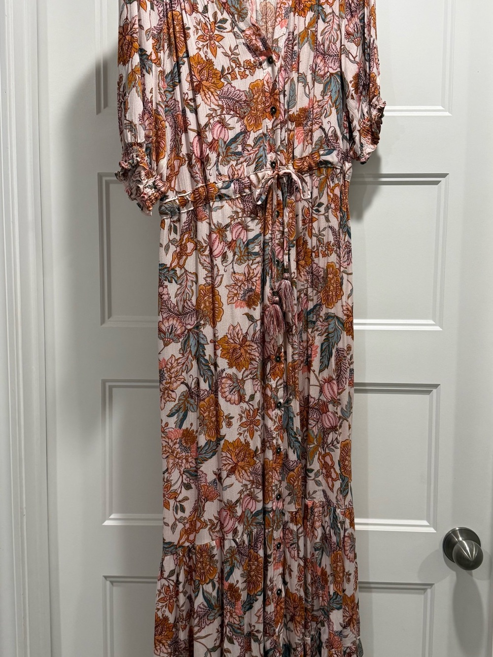 Knox Rose Pink Floral Tie-Waist Maxi Dress with Rust Accents